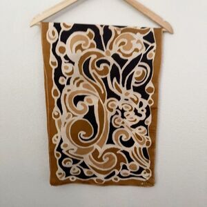 UENA | Japanese Long Scarf Vintage Gold Tan Cream Black Print | 15" x 44.5"